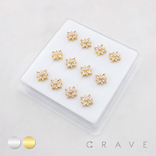 DIMENSIONAL FLORAL MULTI CZ CLUSTER POLISH 316L SURGICAL STEEL L-SHAPE NOSE BOX